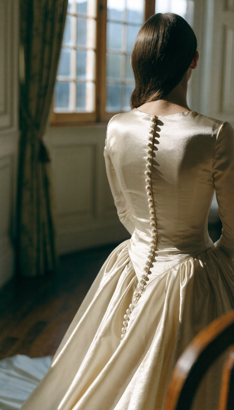 Back view of wedding dress with row of fabric-covered buttons