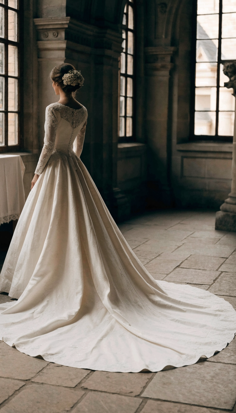 Bride's wedding dress with long cathedral train spread in chapel