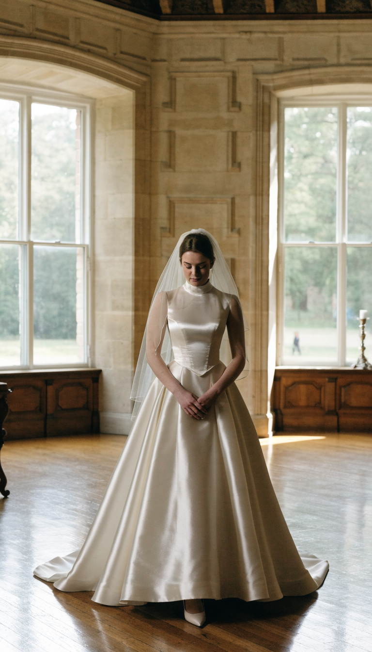 Bride wearing ivory basque-waist A-line wedding dress with pointed bodice
