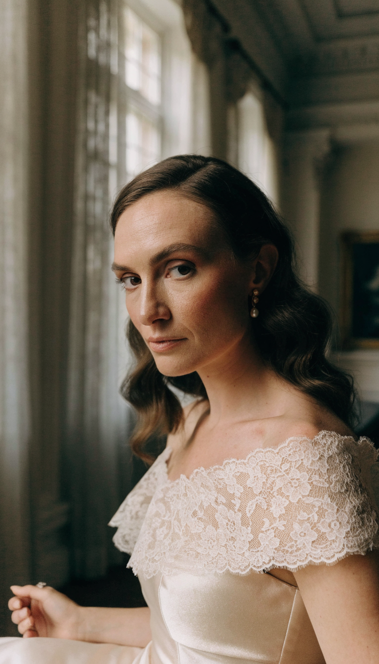 Bride in off-shoulder wedding dress with wide lace bertha flounce