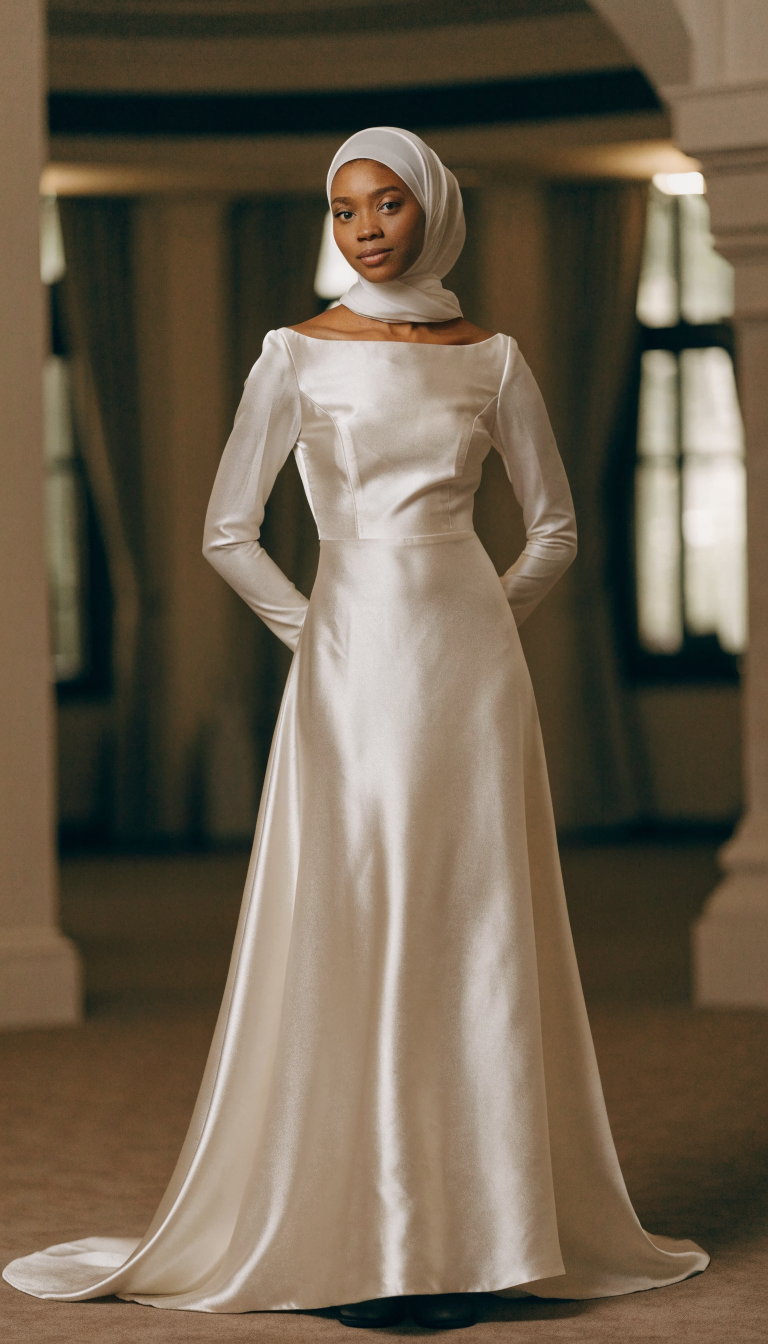 Bride in ivory satin A-line gown with bateau neckline and matching hijab in ballroom