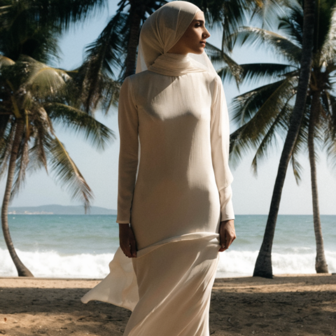 Bride in flowing matte ivory georgette gown and hijab on beach