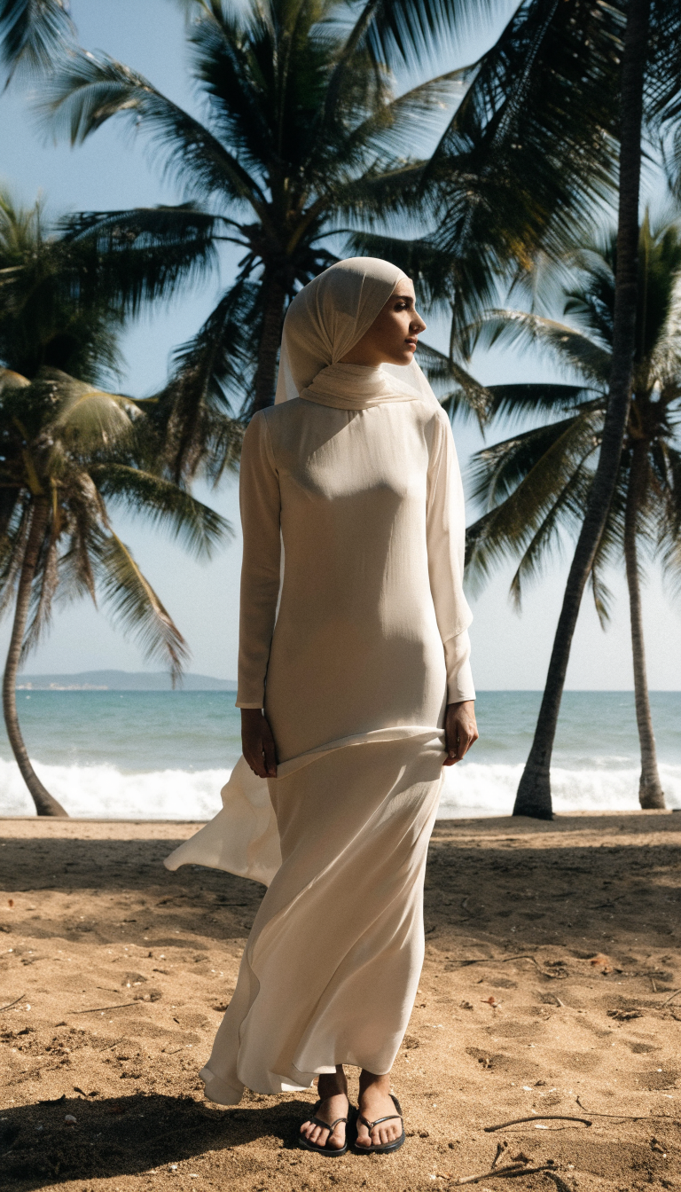 Bride in flowing matte ivory georgette gown and hijab on beach