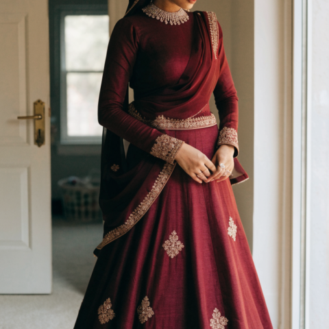 Bride in maroon long-sleeve lehenga, modest blouse, and hijab