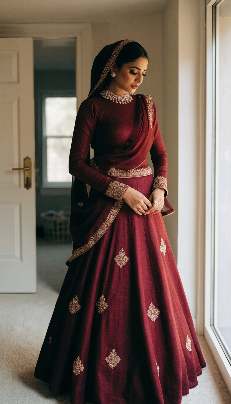 Bride in maroon long-sleeve lehenga, modest blouse, and hijab