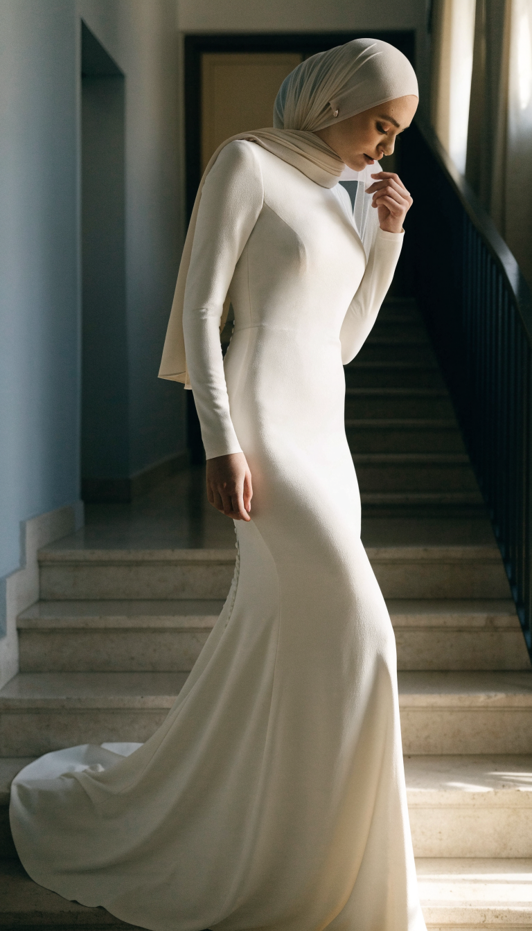 Bride in ivory stretch crepe mermaid gown with high neck, long sleeves and hijab on stairs