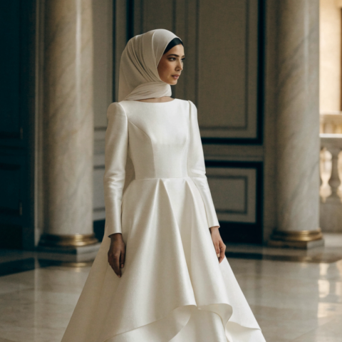 Bride in structured ivory mikado A-line gown with bateau neck and hijab indoors