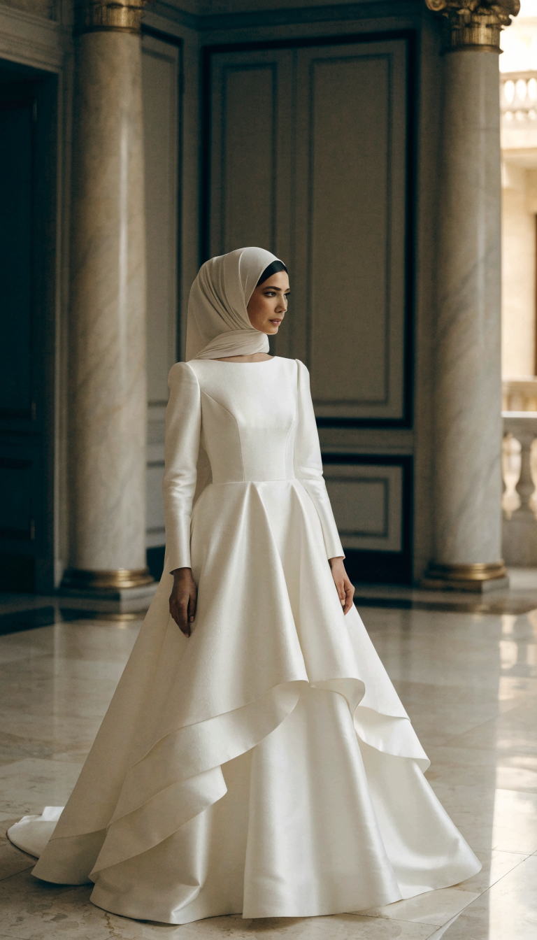 Bride in structured ivory mikado A-line gown with bateau neck and hijab indoors