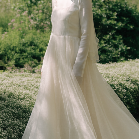 Bride in ivory organza layered A-line gown with hijab in sunny garden