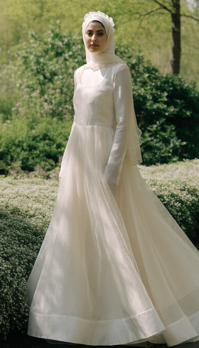 Bride in ivory organza layered A-line gown with hijab in sunny garden