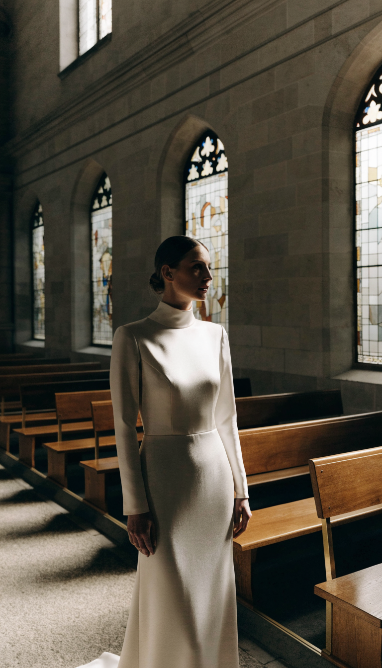 Bride in ivory high-neck satin column dress standing in church aisle