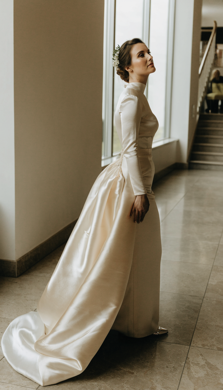 Bride in fitted ivory satin dress with full removable overskirt