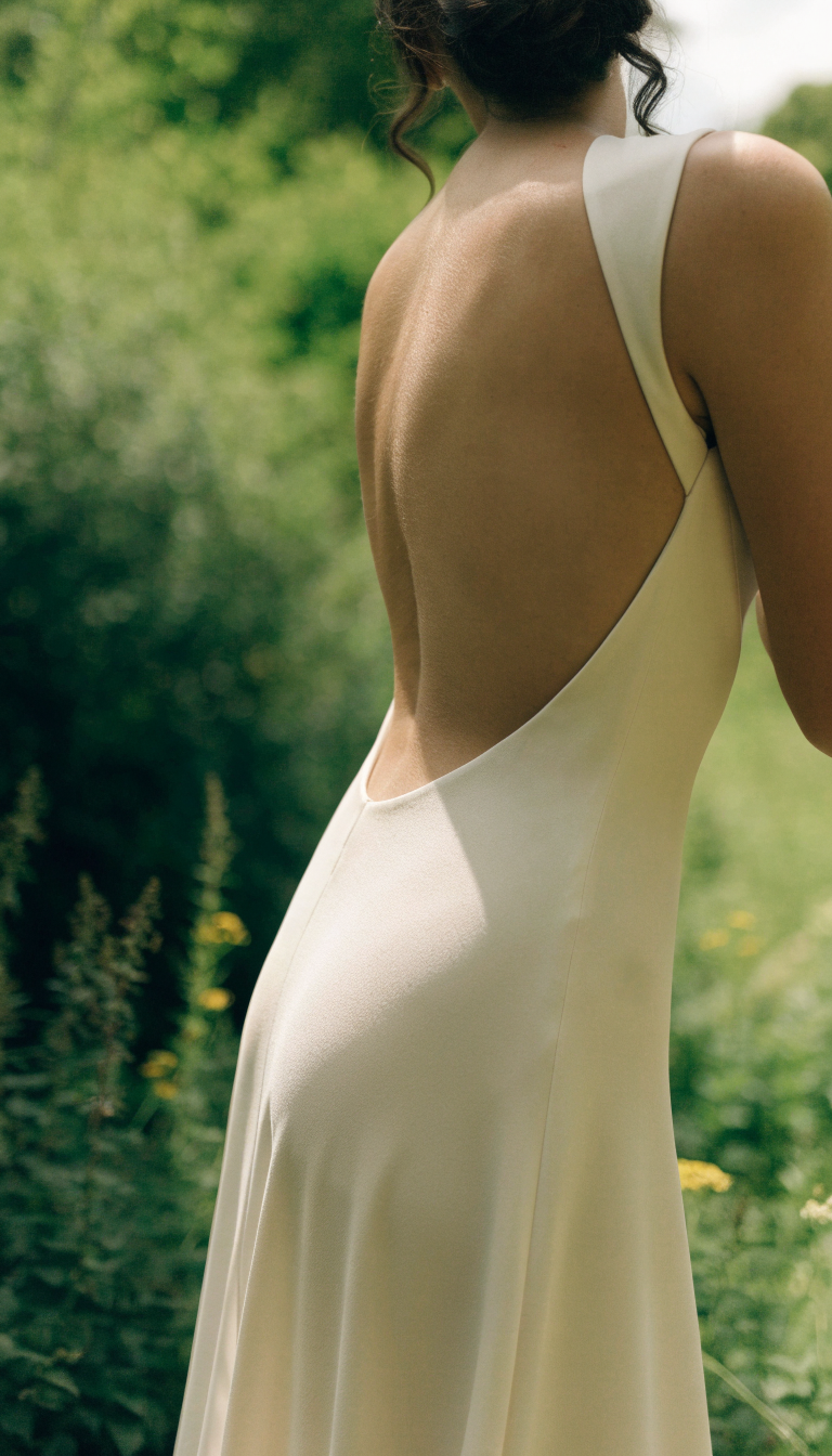 Bride seen from behind in ivory crepe dress with low scoop back in garden