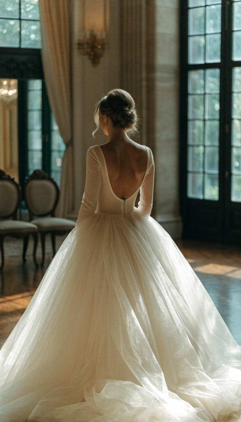 Bride from behind in ivory tulle ball gown with low scoop back in ballroom
