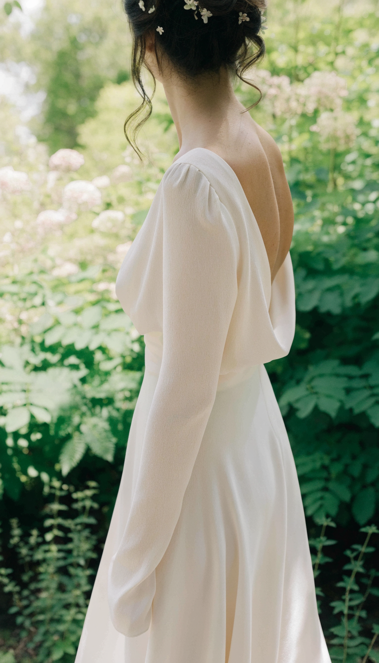 Bride from behind in off-shoulder scoop-back A-line crepe dress in sunny garden