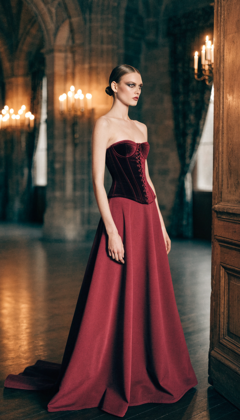 Model in burgundy velvet corset A-line gown in candlelit stone hall