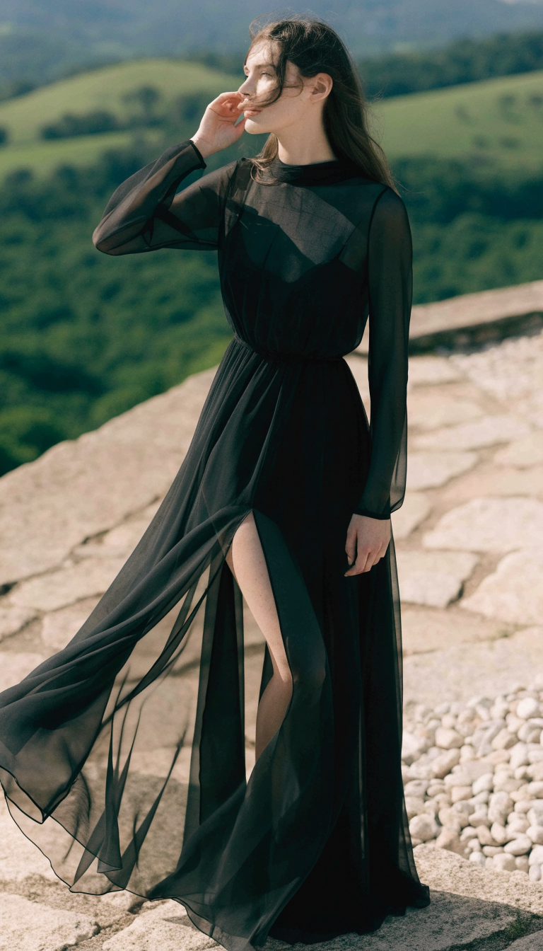 Bride in black chiffon long-sleeve gown with high slit on outdoor terrace
