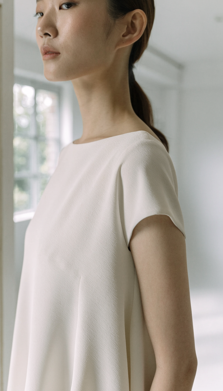 Bride in ivory crepe A-line dress with short cap sleeves in bright studio