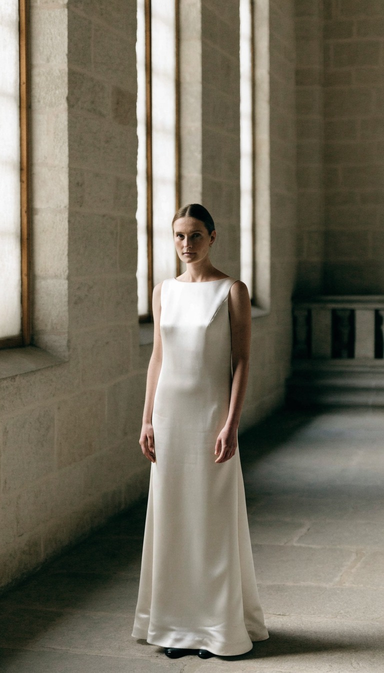 Bride in ivory structured mikado column gown in bright church interior