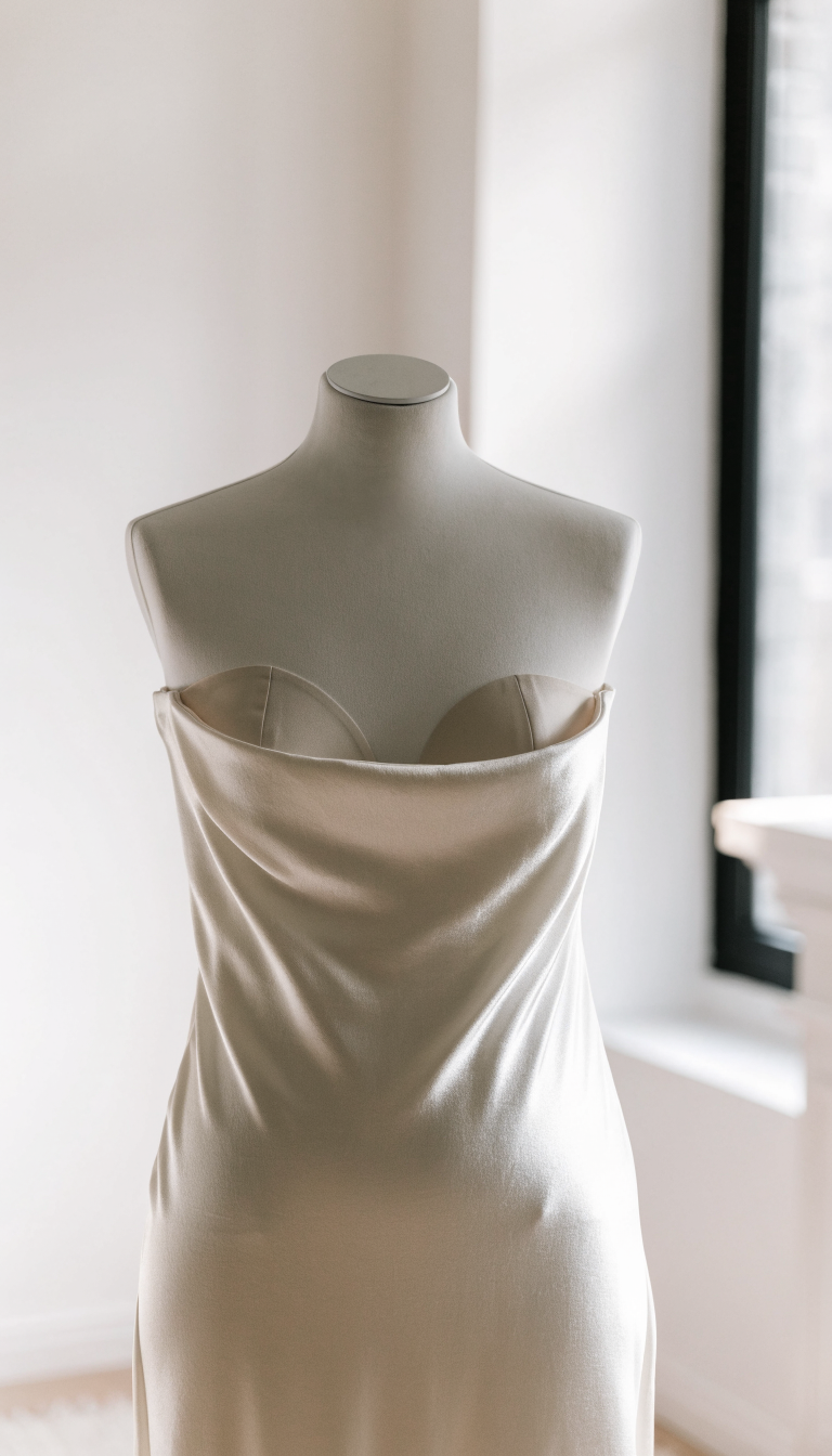 Strapless ivory satin wedding dress showing sewn-in bodice support cups