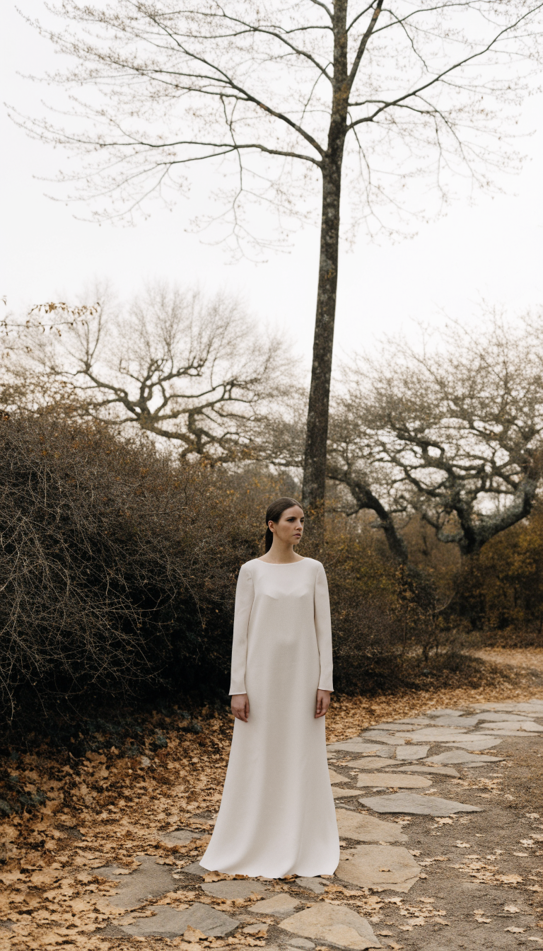 Bride in simple long-sleeve ivory crepe gown in autumn garden