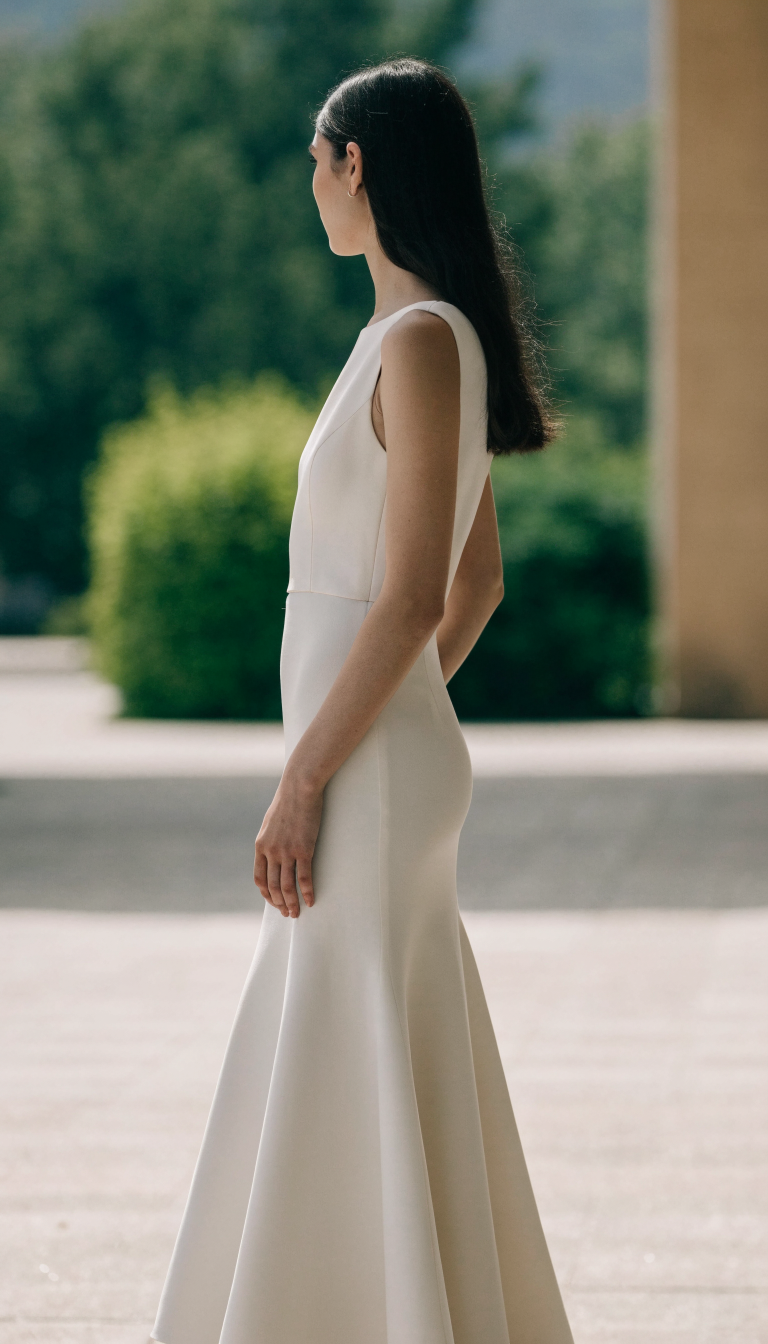 Bride in ivory matte crepe fit-and-flare gown viewed from the side outdoors
