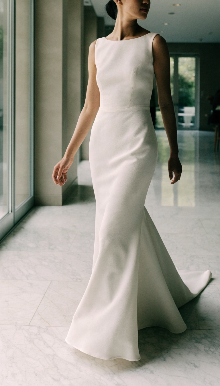Woman in simple ivory crepe trumpet wedding dress in bright venue