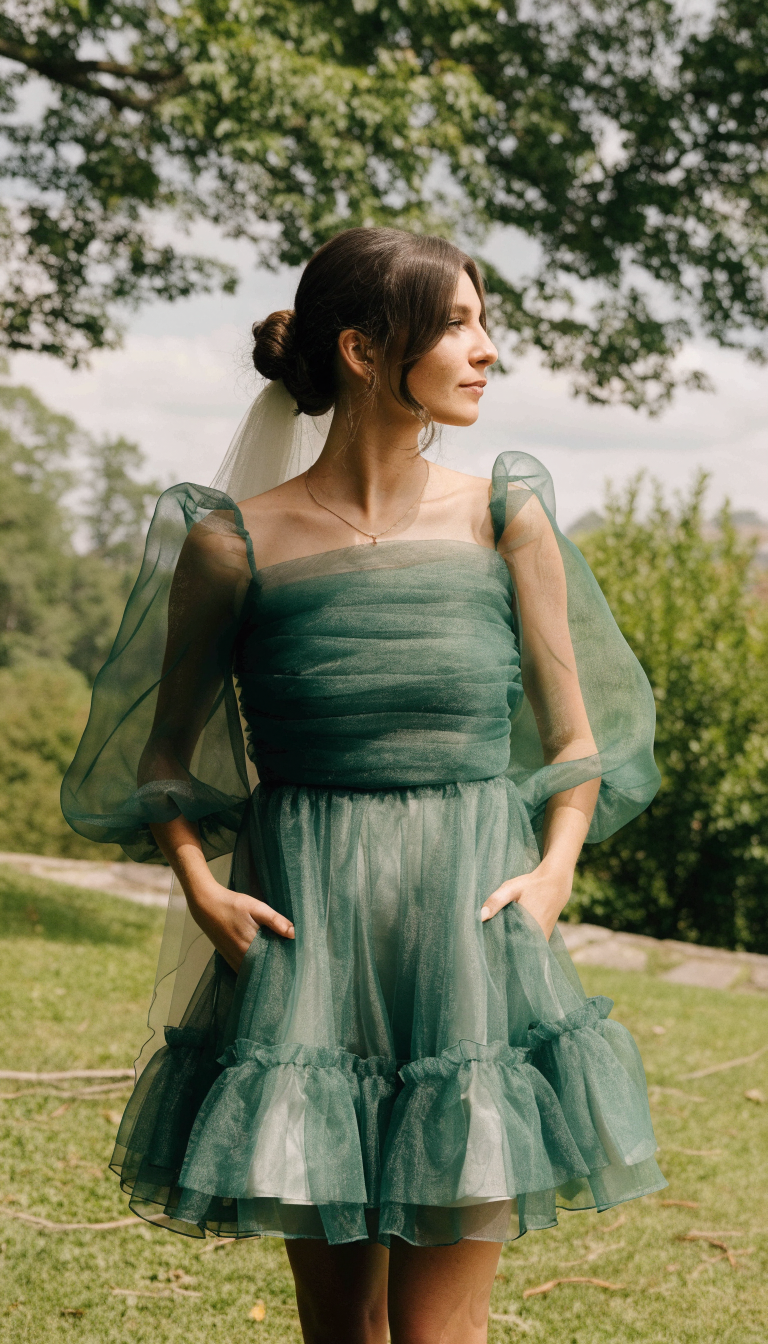 Bride in moss green organza A-line gown with hands in pockets outdoors