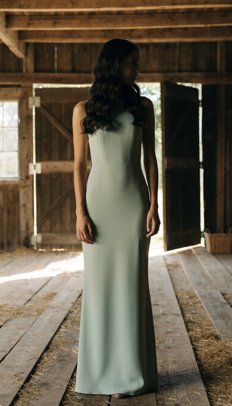 Woman in olive green crepe column dress standing in rustic barn