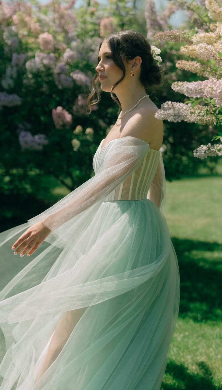 Bride in mint green tulle off-shoulder gown in blooming spring garden