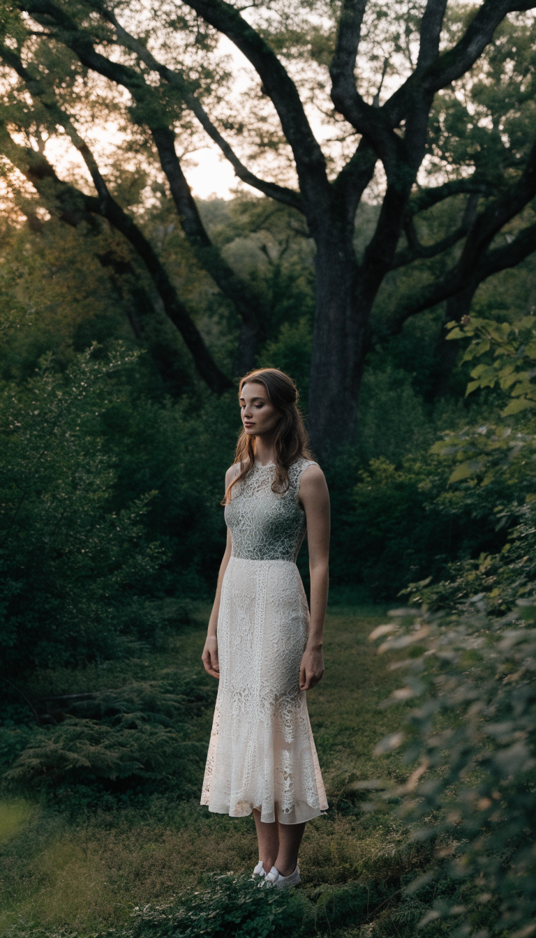 Bride in hunter green lace fit-and-flare dress in woodland at dusk
