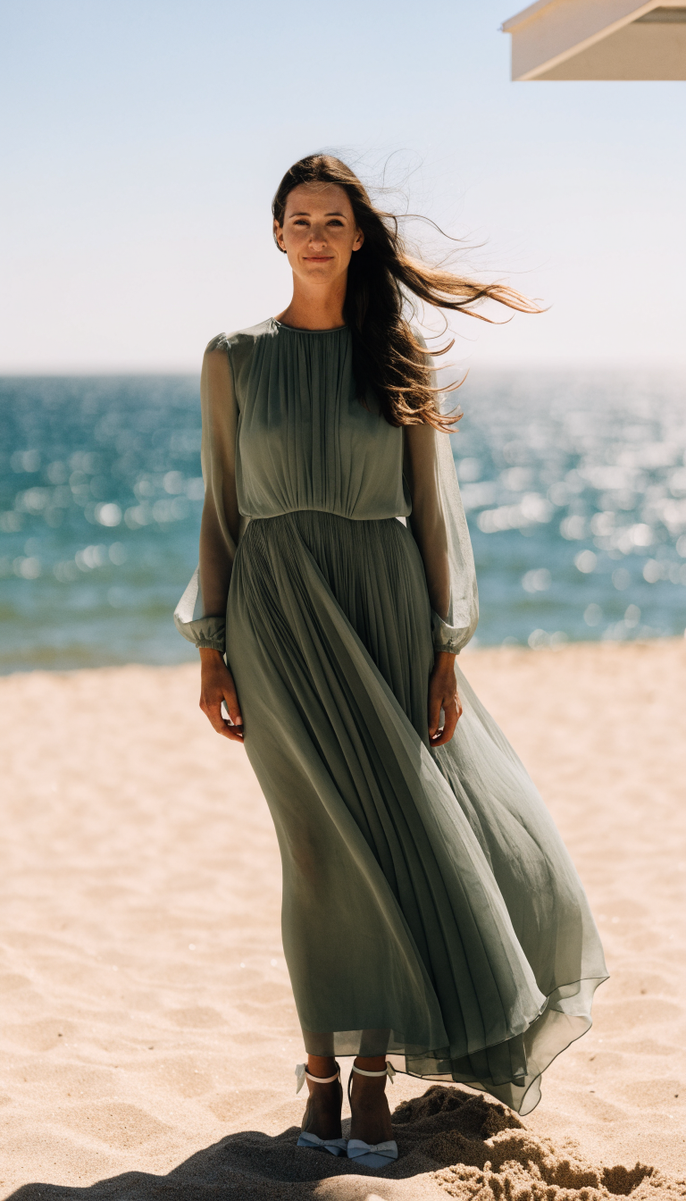 Bride in eucalyptus green empire waist dress on sandy beach