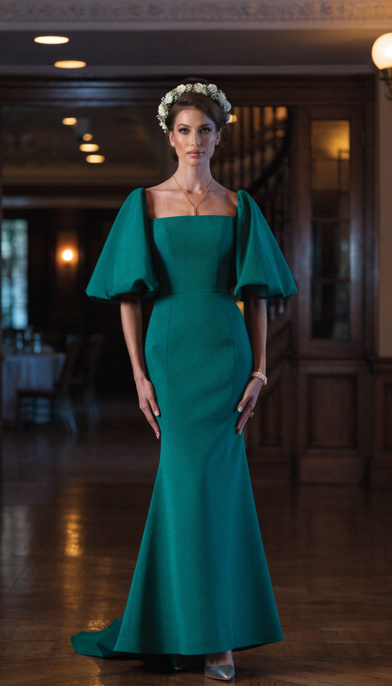 Bride in emerald green mikado trumpet gown in formal evening ballroom