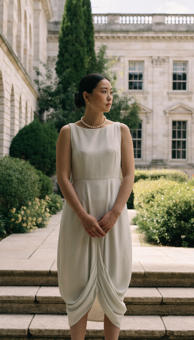 Bride in soft sage tea-length crepe dress in sunny garden