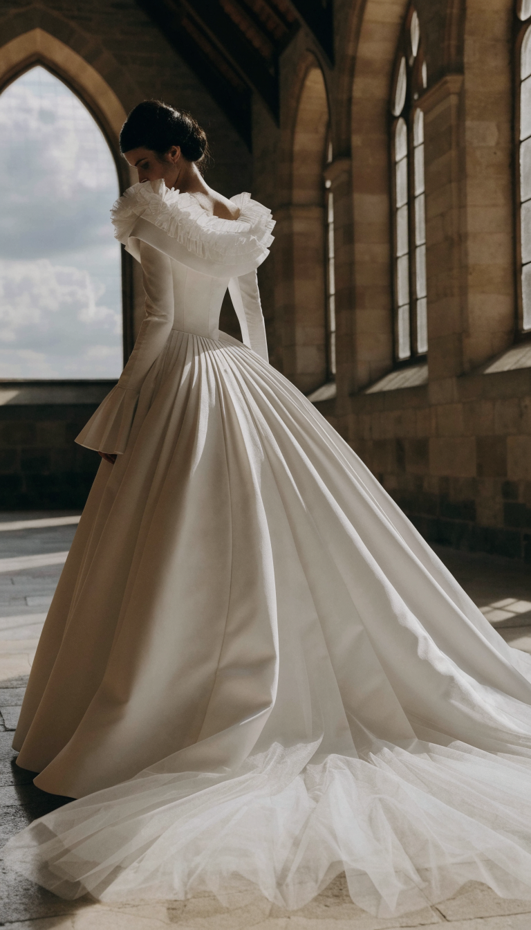 royal full ball gown wedding dress with cathedral train in church setting