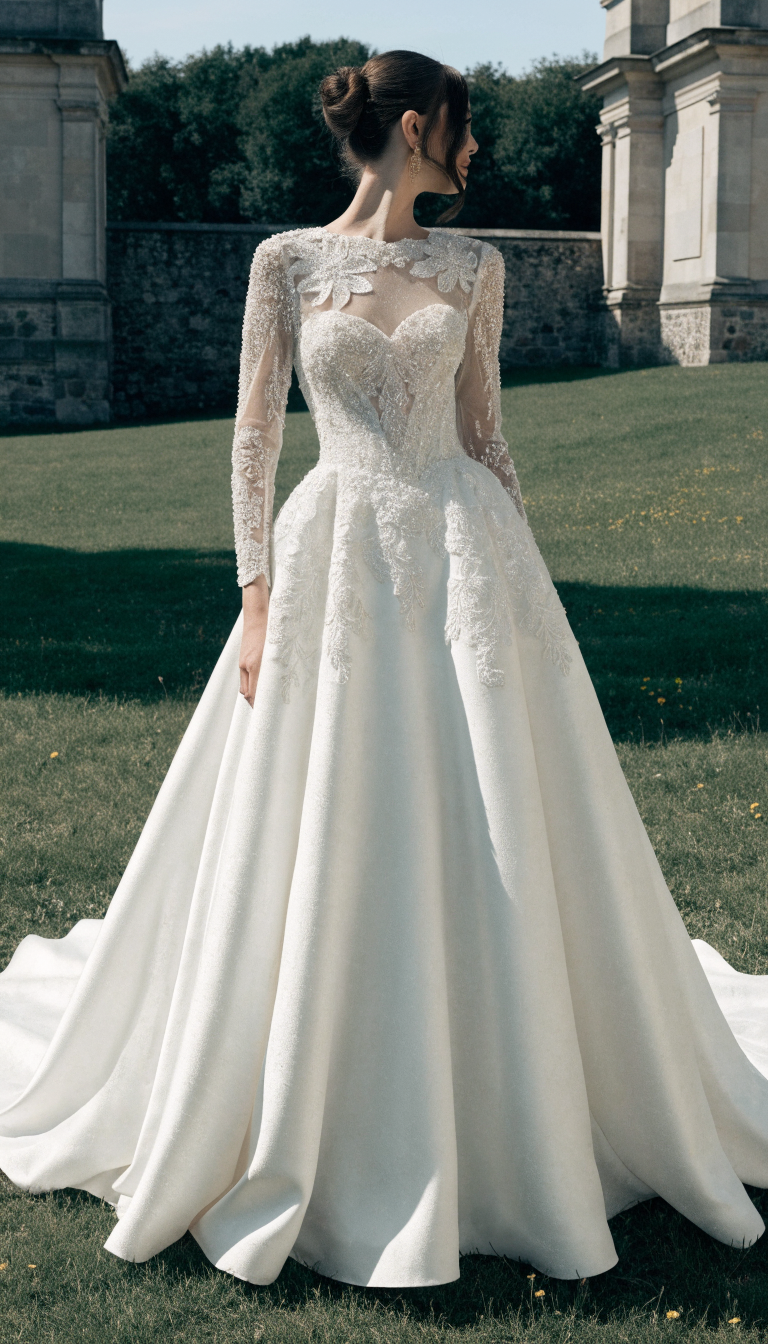 royal fit-and-flare wedding dress with modest train