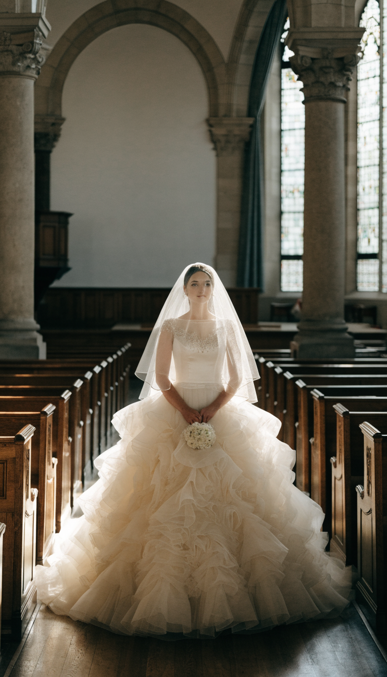 Bride in ivory ball gown with full tulle skirt in church aisle