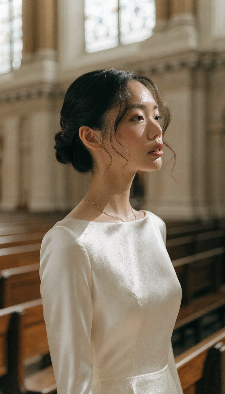 Bride in ivory bateau neckline satin gown standing in a church