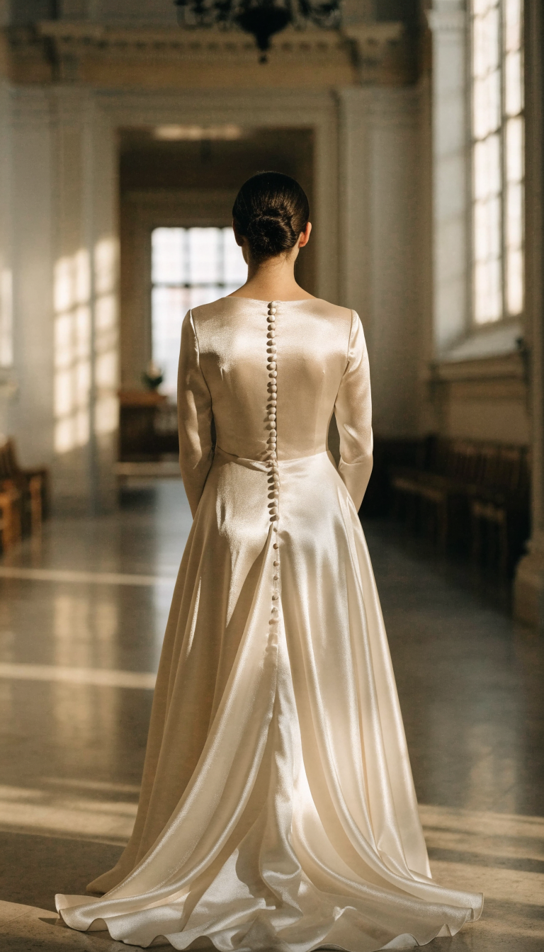 Back view of ivory wedding dress with fabric buttons and modest train
