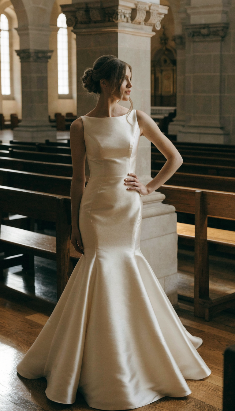 Bride in ivory satin trumpet gown standing in elegant chapel