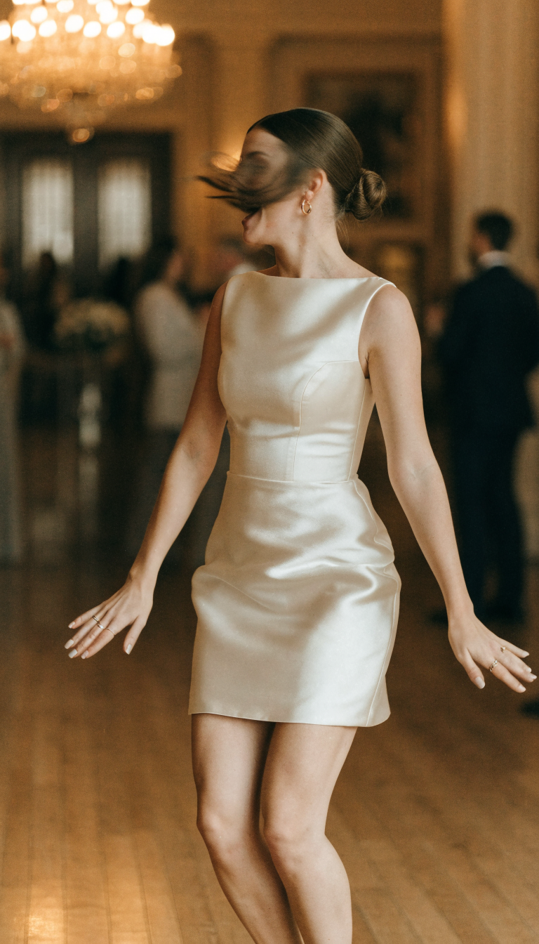 Bride dancing in ivory satin mini sheath dress in a ballroom