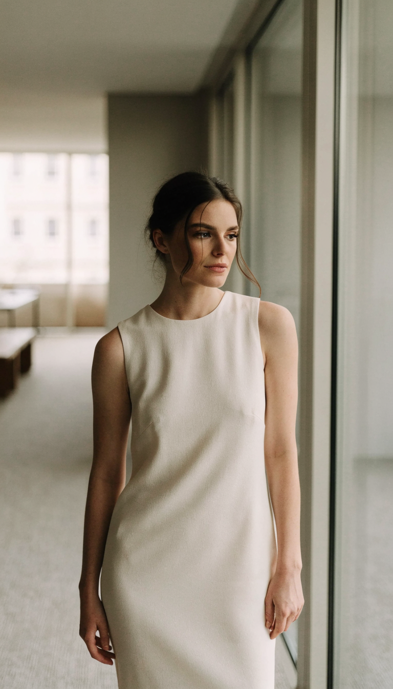 Bride in matte ivory crepe column midi dress in bright venue