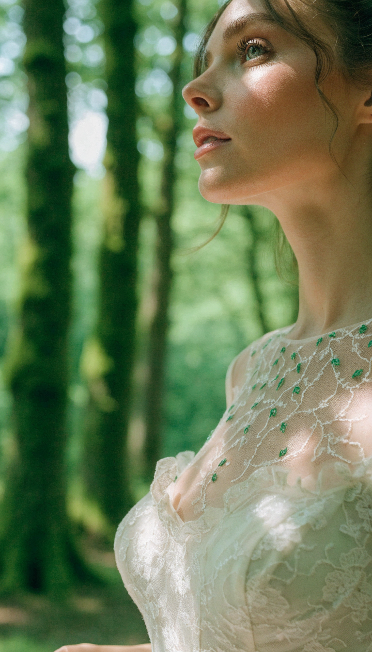 Bride in ivory dress with sheer leaf-embroidered neckline in sunlit forest