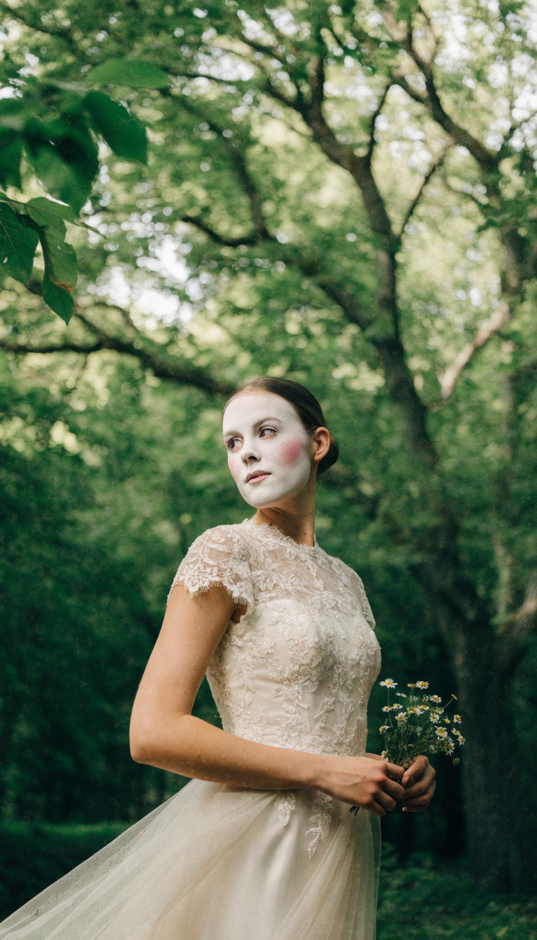 Bride in ivory lace dress with short cap sleeves standing in pine forest