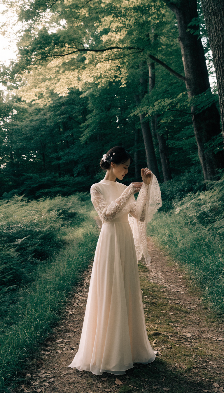 Bride in flowing dress having sheer detachable sleeve adjusted in forest