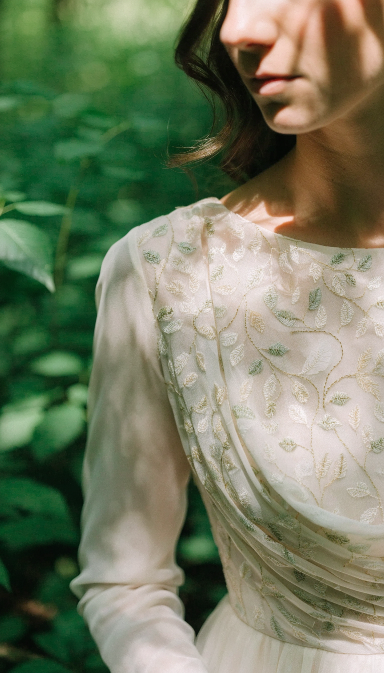 Close-up of ivory wedding bodice with leaf embroidery in woodland