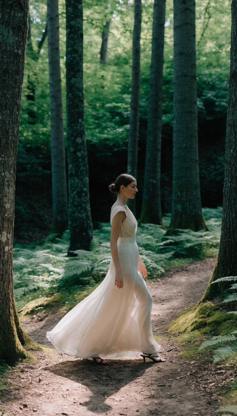 Bride in ivory empire-waist dress with flowing skirt on woodland path