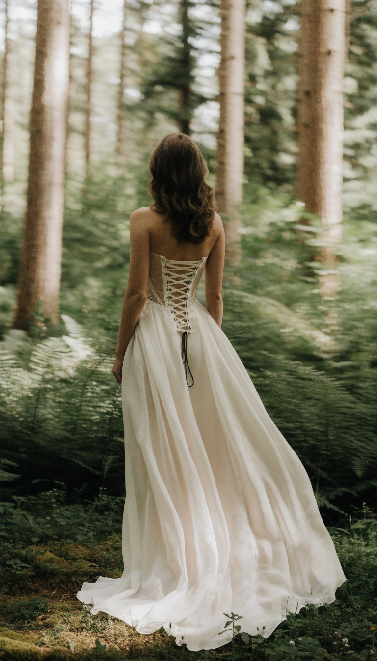 Bride's open corset-back wedding dress among tall forest trees
