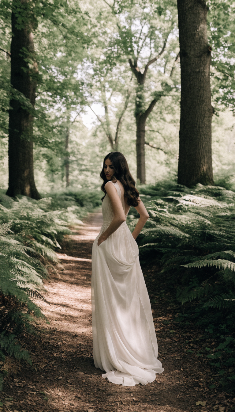 Bride with hands in pockets of flowing dress on forest path