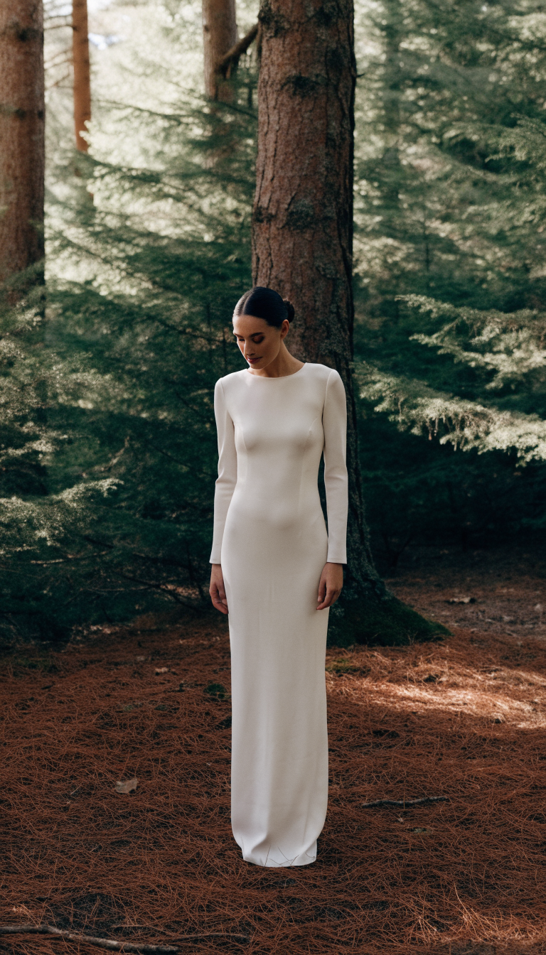 Bride in ivory crepe sheath dress standing among tall forest trees